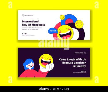 World Happiness Day Flat Cartoon Hand Gezeichnet Horizontale Banner Hintergrund Illustration Stock Vektor