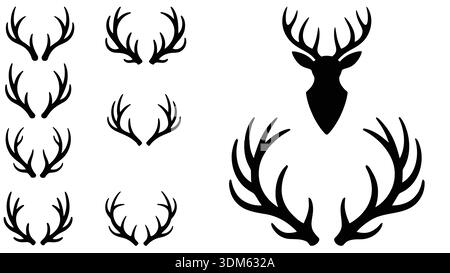 Hirsch Geweih Silhouetten und Hirschkopf Vektor Set auf weißem Hintergrund Stock Vektor