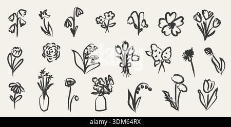 Handgezeichnete, skizzenhafte Frühlingsblumenkollektion mit rauer Holzkohle, naiven botanischen Silhouetten und skurrilen floralen Elementen in Tintenkritzelung Stock Vektor