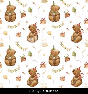 Muster Capybara Geburtstagsparty, Kuchen, Cupcakes, Ballons, Girlande. Aquarellbilder im kindlichen Stil. Nahtloser Druck, handgezeichnet auf isoliert Stockfoto