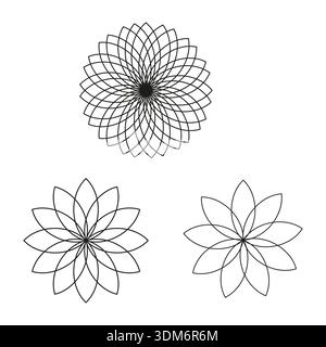 Geometrische Blumenmuster. Kreisförmige Linienformen. Abstraktes rundes Vektordesign. Stilvolles Lotusblüten-Set. Stock Vektor
