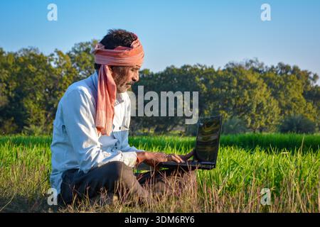 Indischer Landmann, der Laptop auf dem Landwirtschaftsfeld benutzt. Moderne Technik in der Landwirtschaft Stockfoto