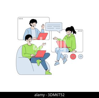 Vektor-Illustration von drei Personen, die an einem virtuellen Teammeeting teilnehmen und Interaktion und Kommunikation mit Laptops zeigen. Sprechblasen und Symbole für Videoanrufe betonen das Thema Online-Zusammenarbeit. Stock Vektor