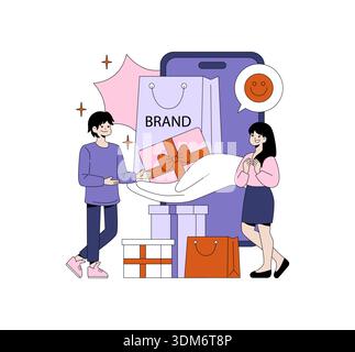 Vektor-Illustration eines fröhlichen Geschenktauschs während eines Online-Einkaufserlebnisses. Zwei Personen teilen sich Einkaufstaschen und -Boxen mit einem digitalen Gerät, das ein Smiley-Symbol anzeigt. Stock Vektor