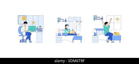 Vektor-Illustration, die einen Mann zeigt, der an einem Schreibtisch im Heimbüro arbeitet, eine Frau, die sich mit einem Laptop entspannt, und eine Person, die sich mit einer Katze im Bett dehnt. Ideal für Produktivitätskonzepte. Stock Vektor