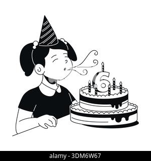 Sechste Geburtstagsparty - Schwarzweiß flache Design-Illustration Stock Vektor