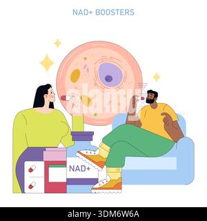 Personen, die NAD-Booster-Ergänzungen in einer Vektor-Illustration halten. Sie erscheinen engagiert und neugierig und zeigen das Konzept der zellulären Gesundheit und Supplementierung mit lebendigen Ausdrücken. Stock Vektor