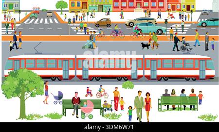Skyline der Stadt mit Straßenbahn, Autos und Stadtbewohnern in einem Wohngebiet. Abbildung Stock Vektor