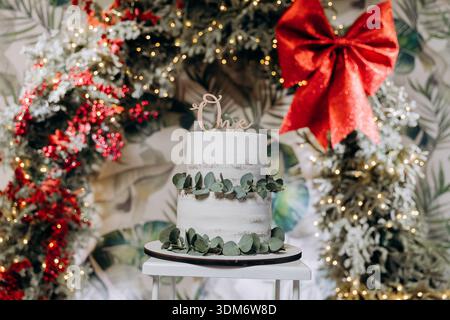 Erster Geburtstagskuchen mit einem Topper und Eukalyptus, Weihnachtskranz im Hintergrund, Kopierraum Stockfoto