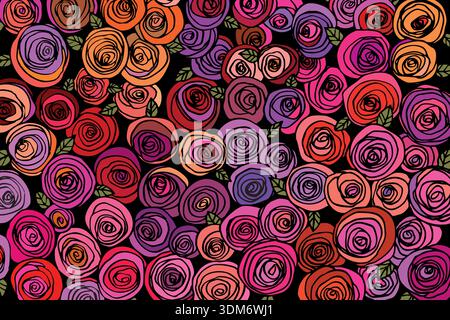 Rosenblüten mit Blättern. Florale handgezeichnete Kunst ornamentaler Hintergrund. Doodle-STYLE. Vektorabbildung. Einfaches minimalistisches Design in der Natur Stock Vektor