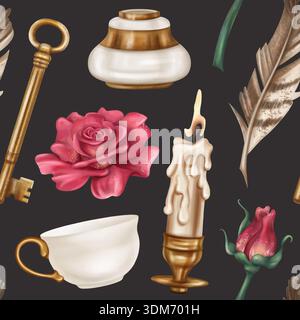 Nahtloses Muster mit Retro-Tintenfass und Schreibstift, Teetasse, roten Rosen, goldenem Kerzenhalter, Schlüssel. Königliche Atmosphäre, gotisch. Alte Vintage-Dekorationen Stockfoto