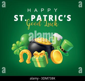 Grußkarte zum Heiligen Patricks-Tag mit einem Topf mit Gold, Klee, Bier, Hut, Geschenk und Hufeisen Stock Vektor