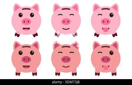 Sparschwein-Icon-Set mit niedlichen Gesichtsausdrücken für Finanzen und Bankgeschäfte Stock Vektor