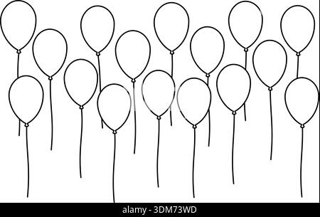 Minimalistisches Ballonkonturenset. Kunstballons mit schwarzen Linien und Strings für Geburtstags-, Party- und Feiertagsdesigns Stock Vektor