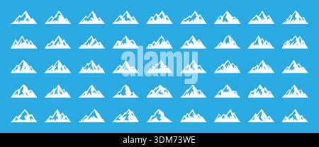 Weiße Bergsilhouetten auf blauem Hintergrund. Vektor-Set mit schneebedeckten Gipfeln für Reisen, Wandern, Klettern, Camping und Outdoor-Abenteuer Design-Themen. Stock Vektor