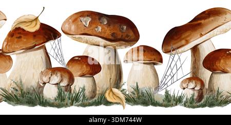 Nahtloser horizontaler Rand von Stachelpilzen mit Waldgras, Blättern und Spinnennetz. Ideal für Hintergründe, Verpackungen, Banner und Menügestaltung Stockfoto