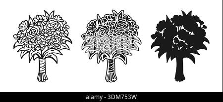 Blumenstrauß-Set mit Rosen und Gänseblümchen, handgezeichnetem Doodle linear, Silhouette und Gravur-Stil. Blumensträuße Botanische Vintage Vektor Illustration Happy Valentines Karte Hochzeit Geburtstag Stock Vektor