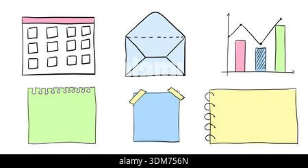 Handgezeichnete Büroaufkleber und Notizen Set mit Kalenderumschlag Diagramme und Papierelemente kritzeln Skizzen Stil Vektor Illustration Stock Vektor