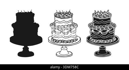 Handgezeichnete Skizze im linearen Doodle-Set mit Silhouette und Gravur. Kuchen für Hochzeit oder Geburtstag, Valentinstag. Vintage-skurriles festliches Symbol für Partyfeier-Kuchen mit Kirschen Stock Vektor