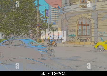 Stilisierte Illustration der städtischen Straße und des historischen Gebäudes in Bukarest Stockfoto