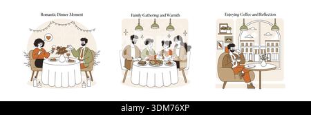 Eine Reihe von Vektor-Illustrationen, die drei Szenen zeigen: Ein romantisches Abendessen mit Wein, ein warmes Familienessen und einen einsamen Kaffeemoment am Fenster. Ideal für Lifestyle-Themen. Stock Vektor