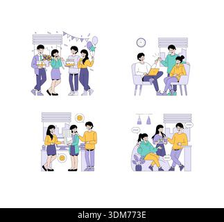 Vektorillustrationen von Personen, die an Gruppenfeiern und -Meetings teilnehmen. Szenen zeigen freudige Zusammenkünfte, Zusammenarbeit und soziale Chats, die verschiedene Emotionen und Interaktionen einfangen. Stock Vektor
