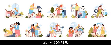 Vektor-Illustrationssatz, der verschiedene Familienszenarien mit Haustieren darstellt. Bilder umfassen Familienzeit, Fütterung von Haustieren, Recycling, Training und Pflege von Tieren und zeigen alltägliche Familienaktivitäten. Stock Vektor