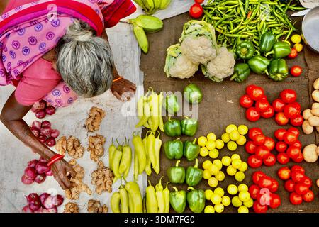 Ältere indische Verkäuferin arrangiert frisches Gemüse am Straßenmarkt in Madurai, Tamil Nadu, Indien Stockfoto