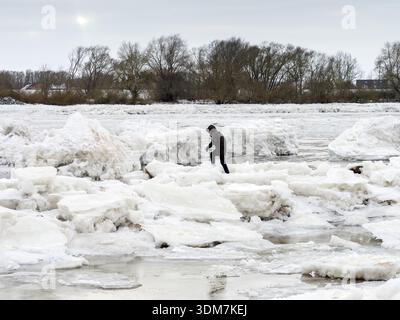 03. Februar 2026, Schleswig-Holstein, Geesthacht: Am Elbufer unterhalb der Elbbrücke hat sich hinter dem Geesthacht-Stauwerk bei der Stadt Rönne (Landkreis Harburg in Niedersachsen) eine Eislandschaft gebildet. Nach Tagen des Frosts mit Temperaturen um 10 Grad unter Null stapeln sich Eisberge an den Ufern, einige von ihnen mehrere Meter hoch. Die Eisberge bildeten sich, nachdem Eisbrecher eingesetzt wurden, um den Fluss oberhalb der Brücke zu räumen, sodass das Wasser abfließen konnte. Das aufgebrochene Eis landet auf dem Ufer unterhalb der Brücke aufgrund der Strömung und stapelt sich in Berge. Viele Besucher besuchen Stockfoto