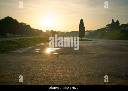 Goldene Stunde bei Sonnenaufgang im historischen Park Circo Massimo im Winter, Rom, Italien Stockfoto