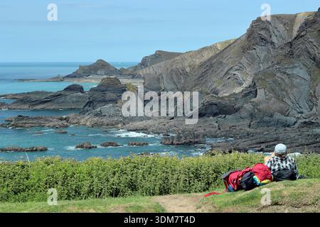 Küste mit Blick auf Lundy vom Hartland Quay auf dem South West Coast Path im Norden von Devon, England, Großbritannien. Sommer. Juni. Stockfoto