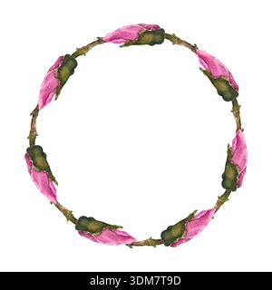 Runder Magnolienkranz in Rosa und Grün, in zartem Aquarellstil bemalt. Illustration für Frühlingsdekor, Hochzeit Schreibwaren, Einladungen, BH Stockfoto