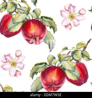 Nahtloses Aquarellmuster mit roten Äpfeln, grünen Blättern und rosa Apfelblüten im botanischen Stil. Perfekt für Textildesign, Verpackung und Küche Stockfoto