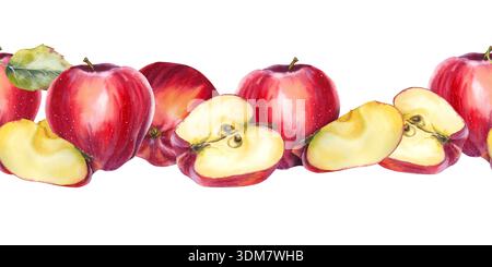 Nahtloser Aquarellrand mit ganzen und geschnittenen roten Äpfeln und grünen Blättern in realistischem Stil. Für Verpackungsetiketten für Lebensmittel und Saft Gewebedesign e Stockfoto