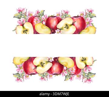 Horizontaler Rahmen in Aquarellfarben mit roten Äpfeln, Scheiben und rosa Apfelblüten im botanischen Stil. Ideal für Lebensmittelverpackungen, Saftetiketten, Öko-Branding, WE Stockfoto