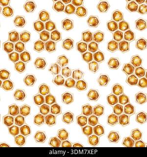 Nahtloses Aquarellmuster goldener Honigwaben in sechseckiger Form. Perfekt für Verpackung, Tee-Branding, Stoff, Küchendekor, Cosmet Stockfoto