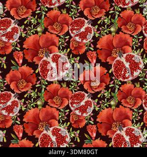 Nahtloses Aquarellmuster mit offenen Granatäpfeln, Blumen, grünen Blättern und roten Saftspritzern. Illustration für Kosmetik, Küchentextilien, Packag Stockfoto