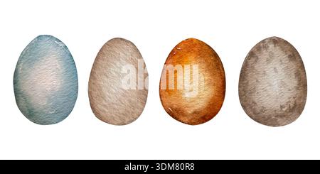 Aquarellillustration Set handgemalter Ostereier in gedämpften Naturtönen. Illustration für Feiertagsdekor, Frühlingsverpackung, Schreibwaren, Gruß Stockfoto