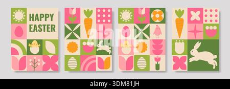Stilvolle, geometrische Osterposter mit abstrakten Blumen, Eiern und Kaninchen. Stock Vektor