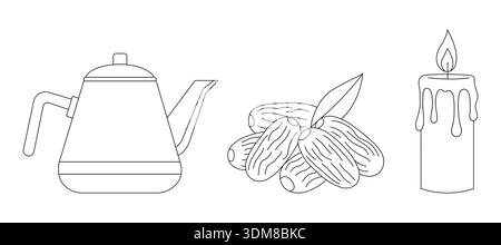 Minimalistische Ramadan Line Art Illustration mit Teekanne, Datumsangaben und Kerzenvektor-Symbol Set Stock Vektor