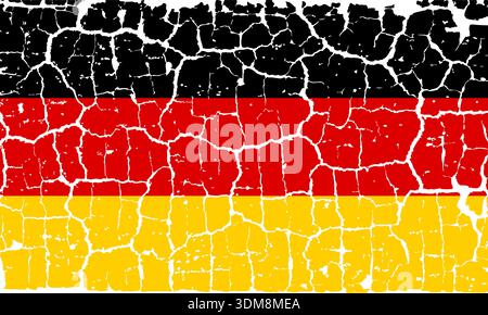 Abbildung der deutschen Nationalflagge auf einer gerissenen Wand. Grunge-Hintergrund mit offiziellen deutschen Schwarz-, Rot- und Goldfarben. Stock Vektor