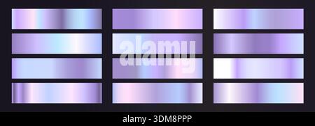 Holographischer Farbverlauf, Hintergrund festgelegt. Sammlung von glänzend irisierenden Metallhologrammfolien mit Textur-Gradation. Vektorabbildung Stock Vektor