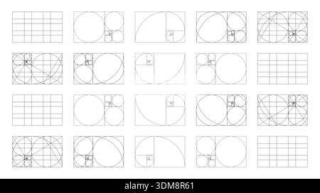 Golden Ratio-Vorlagensatz. Fibonacci Array, Zahlen Formen. Methode zur Entnahme flacher Proben mit goldenem Schnitt. Goldene Spirale. Harmony Proportionen schwarz Stock Vektor