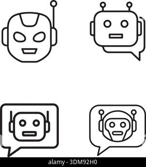 Set aus 4 minimalistischen Chatbot- und AI-Robotersymbolen für Customer Support und Virtual Assistant-Schnittstellen Stock Vektor