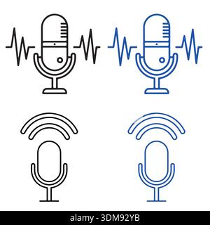 Sammlung minimalistischer Mikrofon-Symbole mit Klangwellen- und Wireless-Signalsymbolen für Audioaufnahmen und Podcasts Stock Vektor