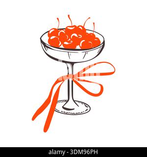 Handgezeichnetes Kirschdessert in einem Cocktailglas mit kokettischer Schleife. Skizzenillustration im skurrilen Buntstift-Doodle-Stil. Valentinstag, Hochzeit Stock Vektor