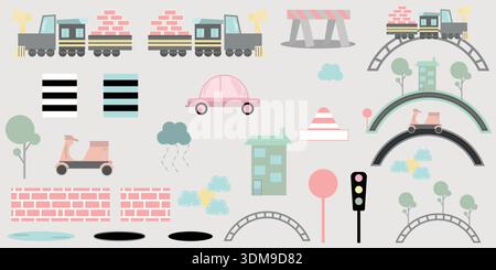 Set aus farbenfrohen Transport- und Stadtelementen, einschließlich Züge, Auto, Roller, Ampel, Querstege, Barrieren, Kegel, Bäume, Gebäude, Brücken Stock Vektor
