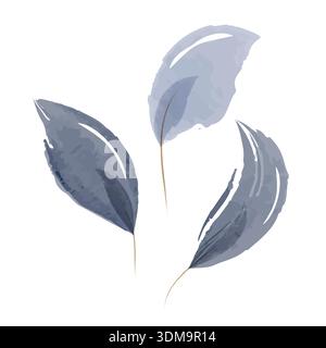 Drei unterschiedliche Aquarellblätter in Blau- und Grautönen stehen aufrecht. Jedes Blatt hat zarte Aderdetails und eine weiche, künstlerische Textur vor einem schlichten weißen Hintergrund. Stock Vektor