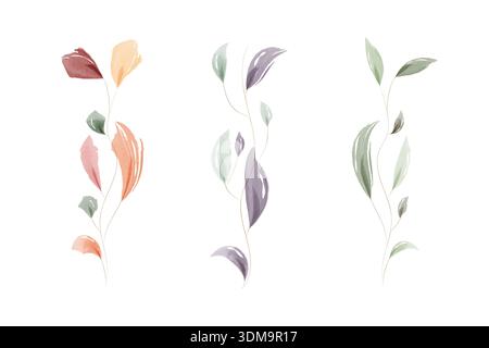 Drei elegante Aquarellblätter zeigen farbenfrohe Blätter. Jeder schlanke Stiel weist zarte Blätter in Rot-, Orange-, Violett- und Grüntönen auf. Stock Vektor