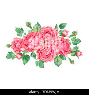 Aquarellflorale Zusammensetzung : üppige rote Rosen, zarte Knospen und grünes Laub, handgezeichnet. Romantische botanische Clipart isoliert auf weiß. Stockfoto